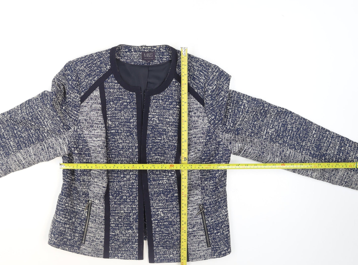 Marks and Spencer Women's Blue Tweed Collarless Blazer Size 16