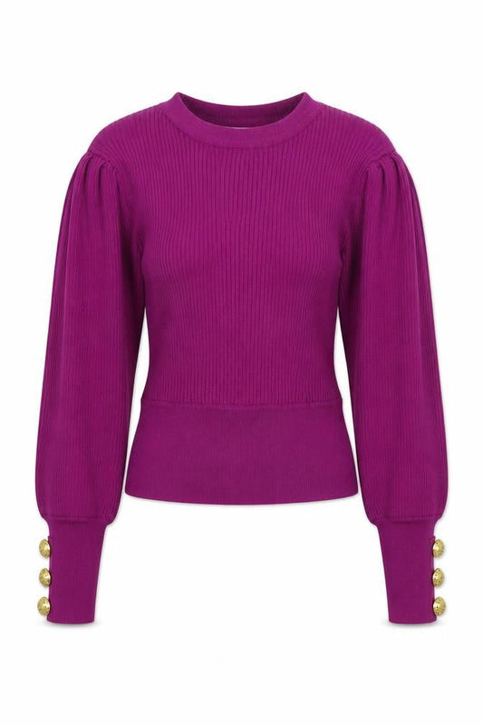 Zara Women Purple Puff Sleeve Rib Knit Crew Neck Jumper Size 12
