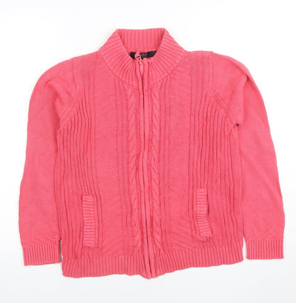 Isle Essentials Womens Pink Full Zip Cotton Cable Knit Jumper S