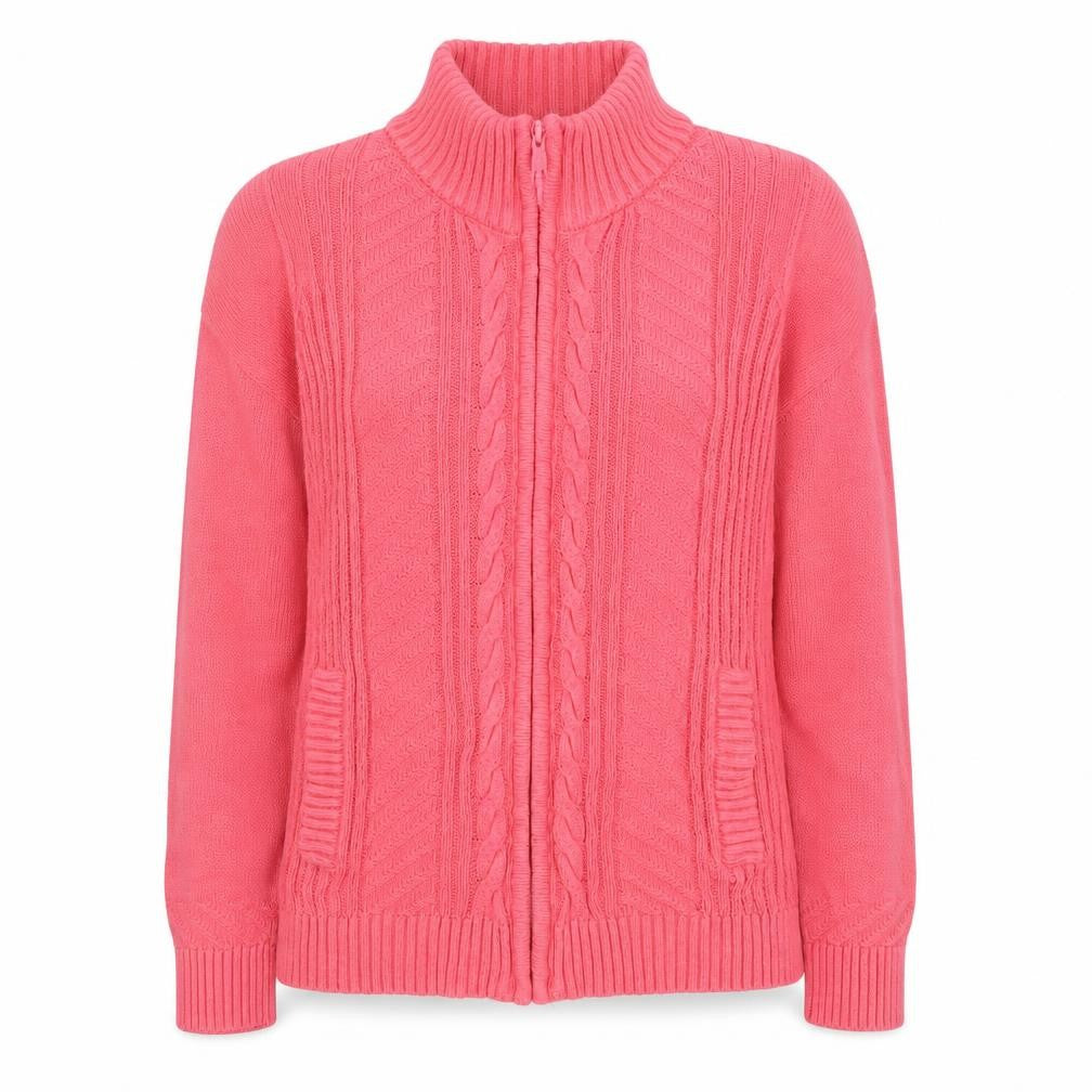 Isle Essentials Womens Pink Full Zip Cotton Cable Knit Jumper S