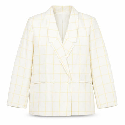 Front view of Principles Women's Ivory Yellow Check Double-Breasted Blazer, size 16