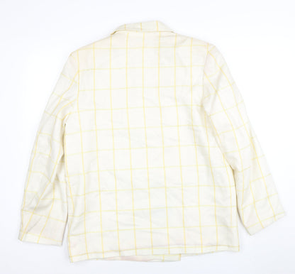 Close-up detail of Principles Women's Ivory Yellow Check Double-Breasted Blazer, size 16