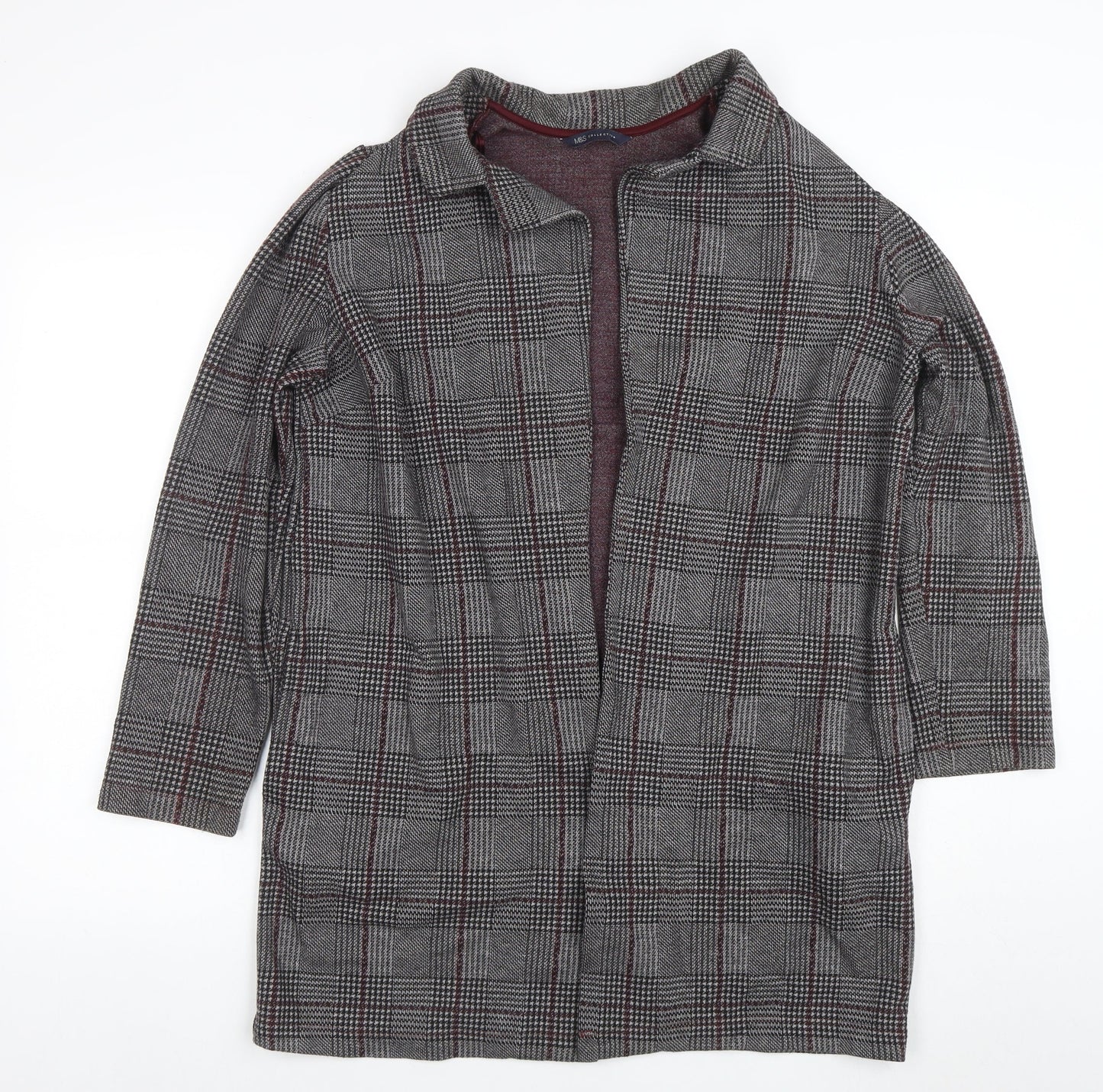 Marks and Spencer Women Grey Check Coatigan Size 14 Collared Mid-Length