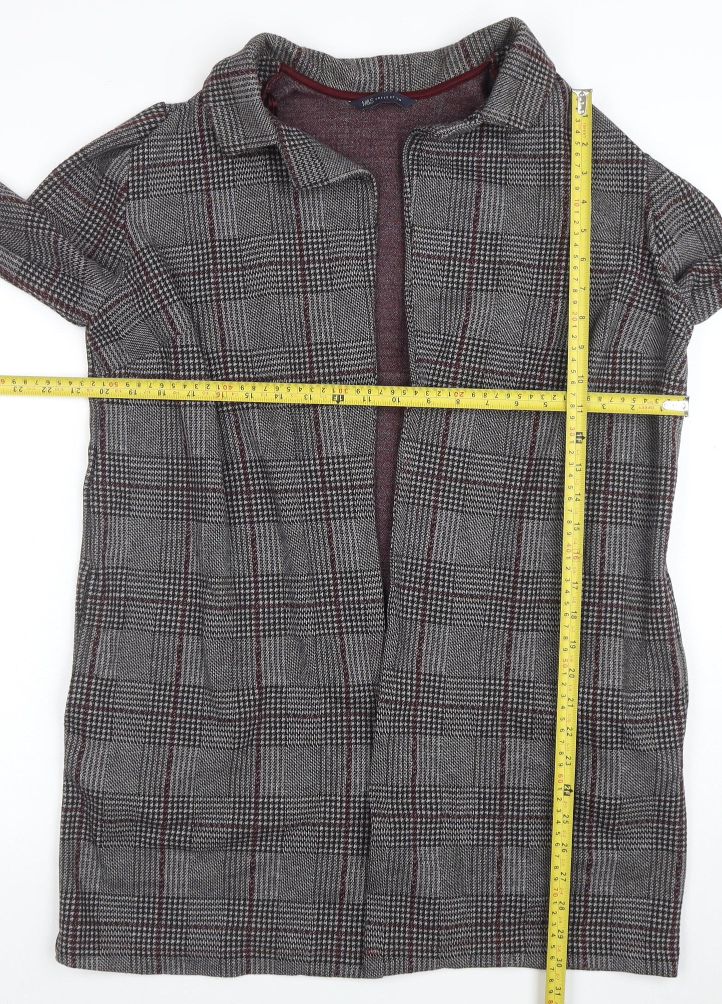 Marks and Spencer Women Grey Check Coatigan Size 14 Collared Mid-Length