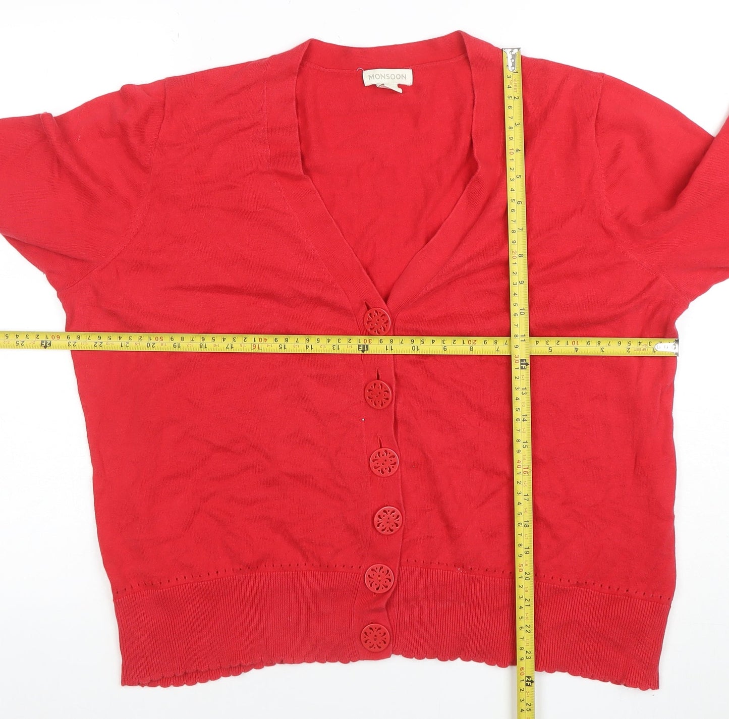 Monsoon Women Red Cotton V-Neck Short Sleeve Cardigan Size 16