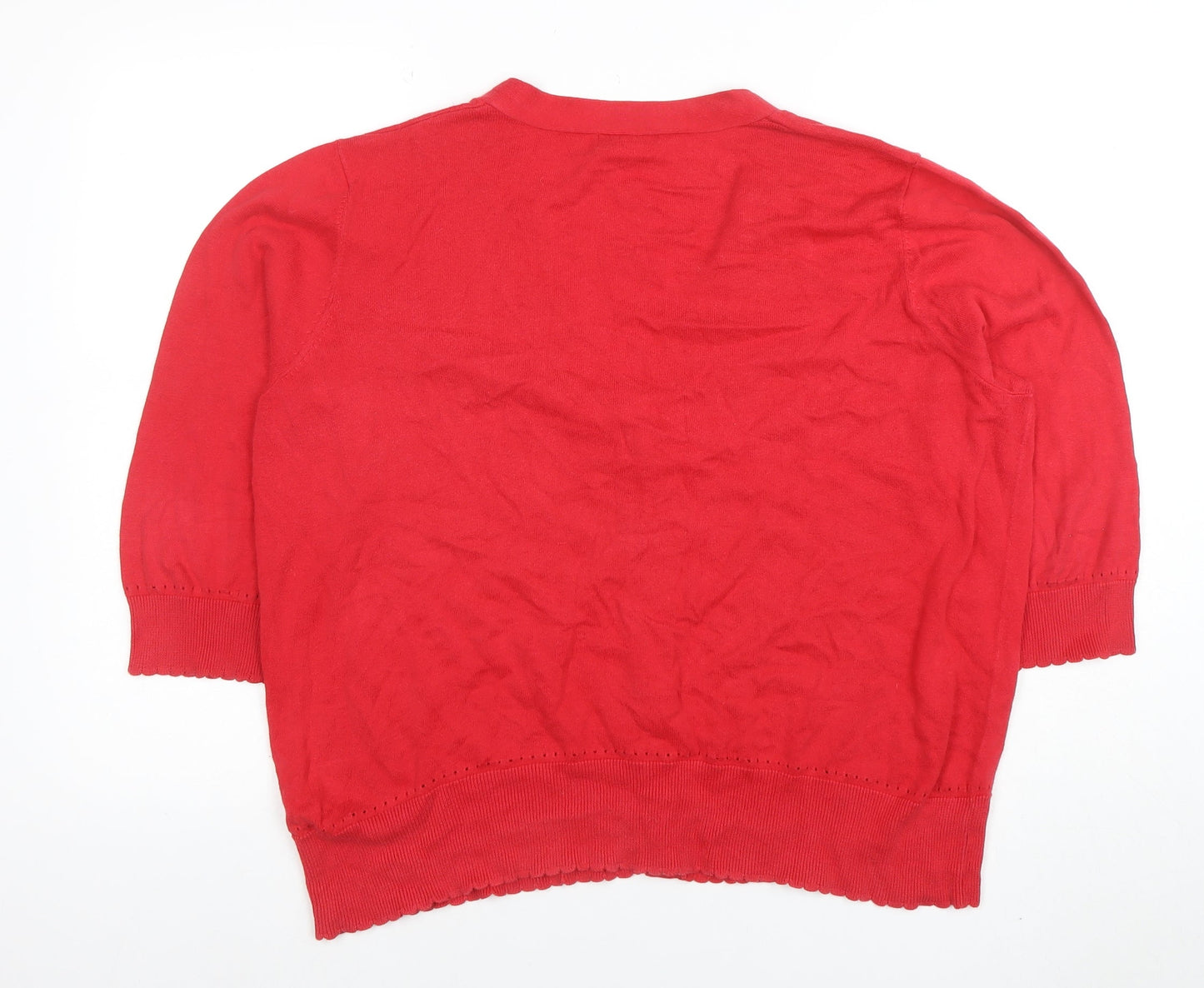 Monsoon Women Red Cotton V-Neck Short Sleeve Cardigan Size 16