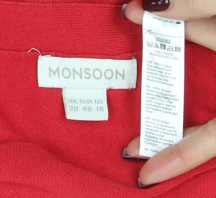 Monsoon Women Red Cotton V-Neck Short Sleeve Cardigan Size 16