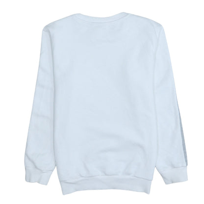 Brand and care label for Adidas boys’ white long sleeve pullover sweatshirt, size 11-12, years