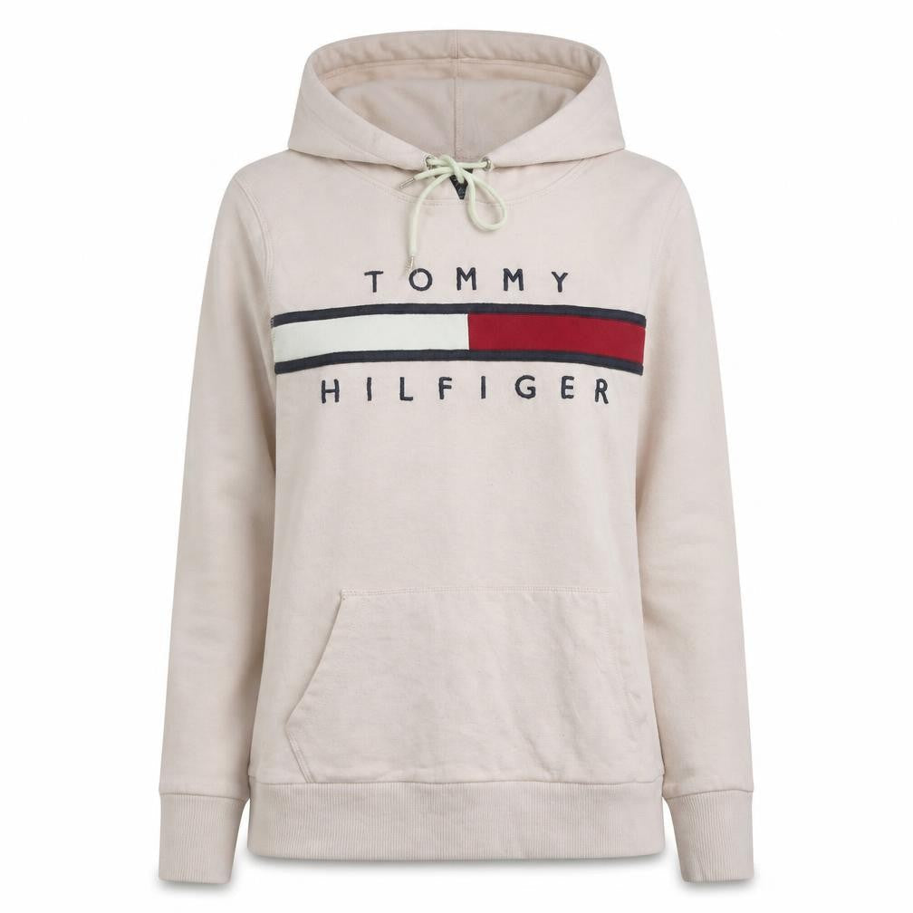Tommy Hilfiger Women Beige Hooded Pullover Sweatshirt M Cotton Blend