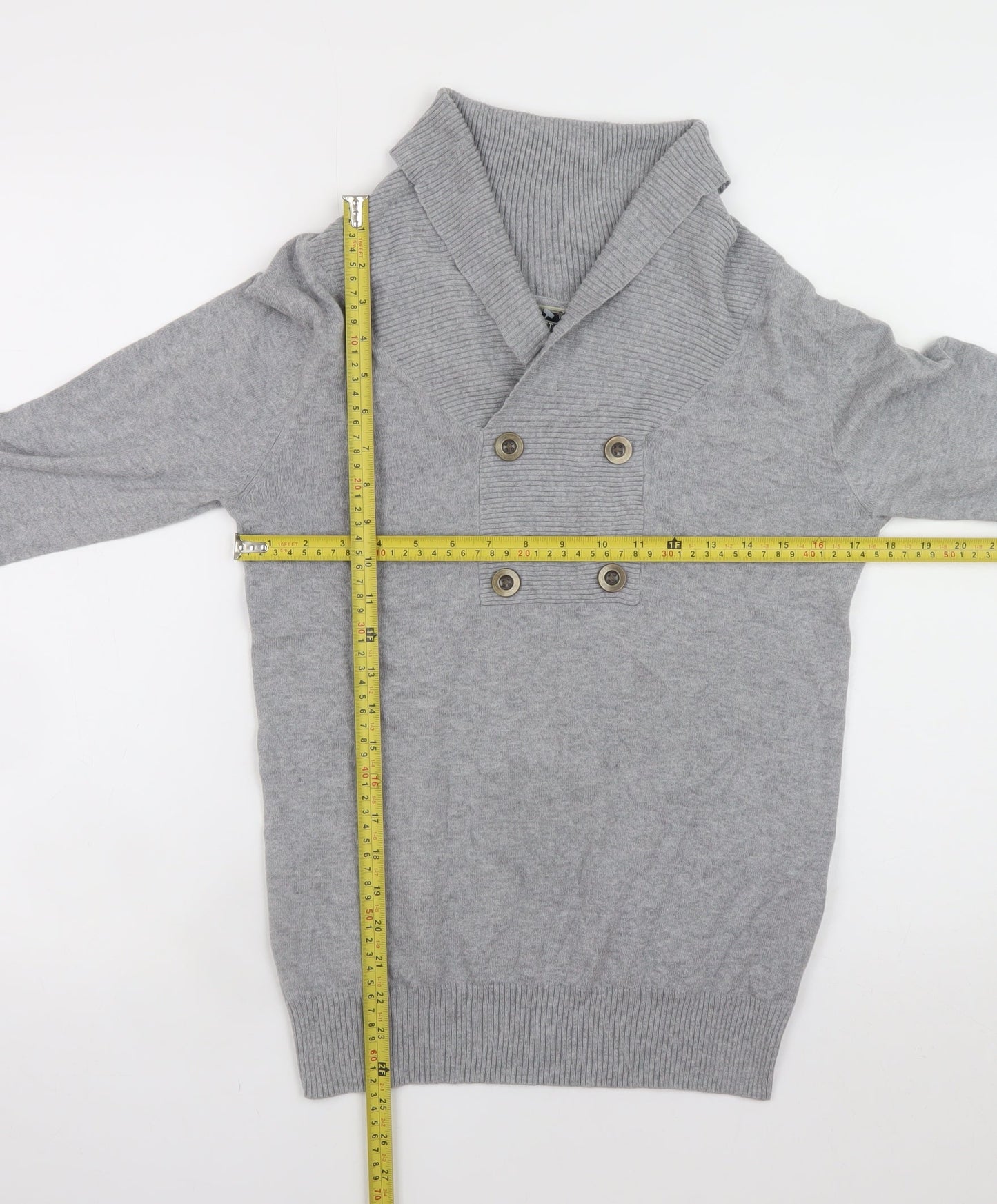 Cedarwood State Men’s Grey Cotton Shawl Collar Button Jumper Size S