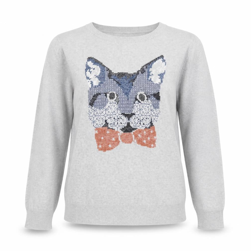 Hobbs Women’s Grey Cat Jumper L Crew Neck Knit Pullover Sweater