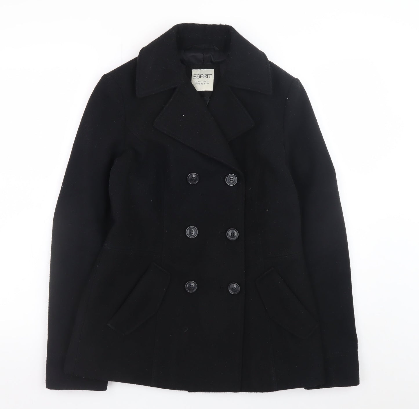 Esprit Women Black Wool Blend Pea Coat UK 10 Double Breasted Jacket