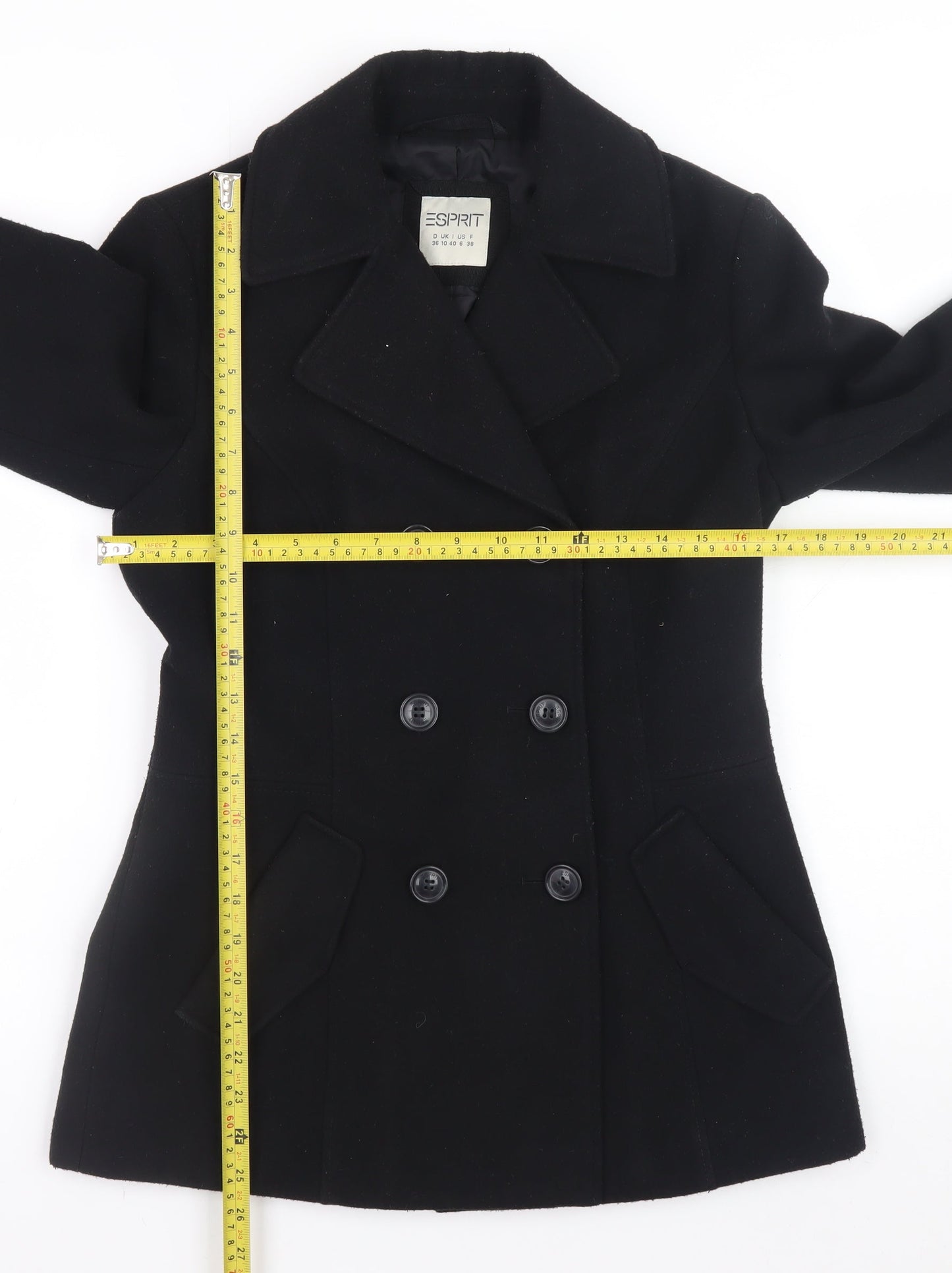 Esprit Women Black Wool Blend Pea Coat UK 10 Double Breasted Jacket