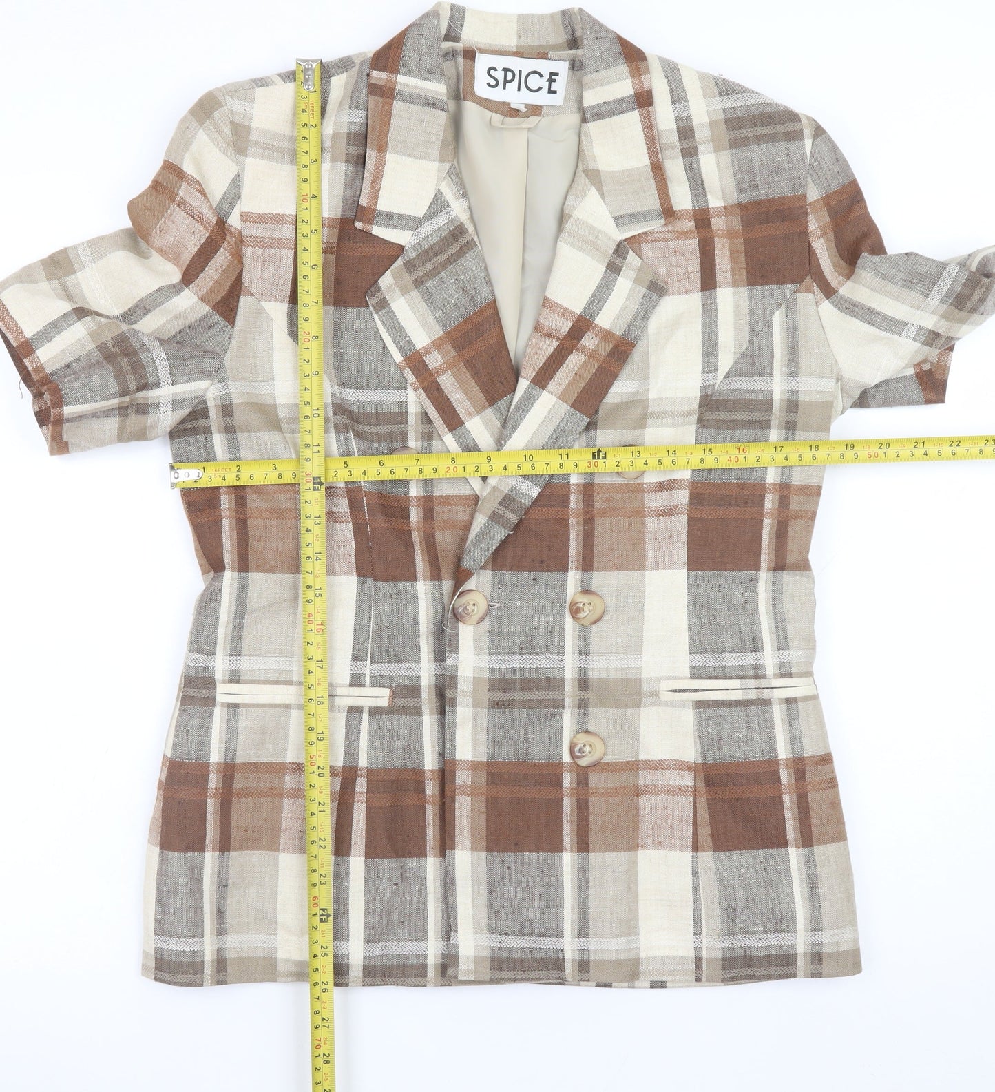 SPICE Womens Brown Check Linen Short Sleeve Blazer Size 12