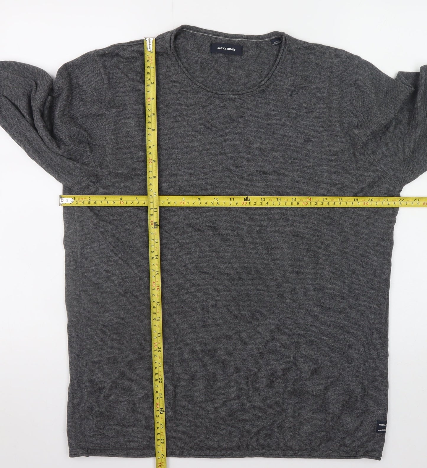 Jack & Jones Mens Grey Cotton Blend Crew Neck Pullover Jumper L