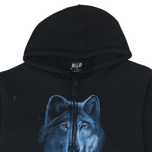 Wild Mens Black XL Full Zip Wolf Graphic Cotton Hoodie