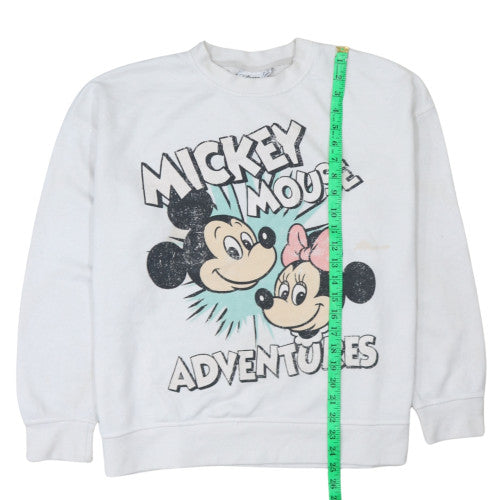 Disney Women's White Mickey & Minnie Crew Neck Pullover Sweatshirt L