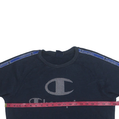 Back view of Champion boys’ blue logo pullover sweatshirt 15-16 years fleece crew neck