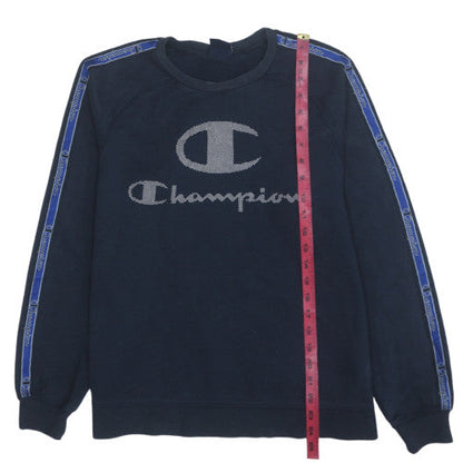 Close-up detail of Champion boys’ blue logo pullover sweatshirt 15-16 years fleece crew neck