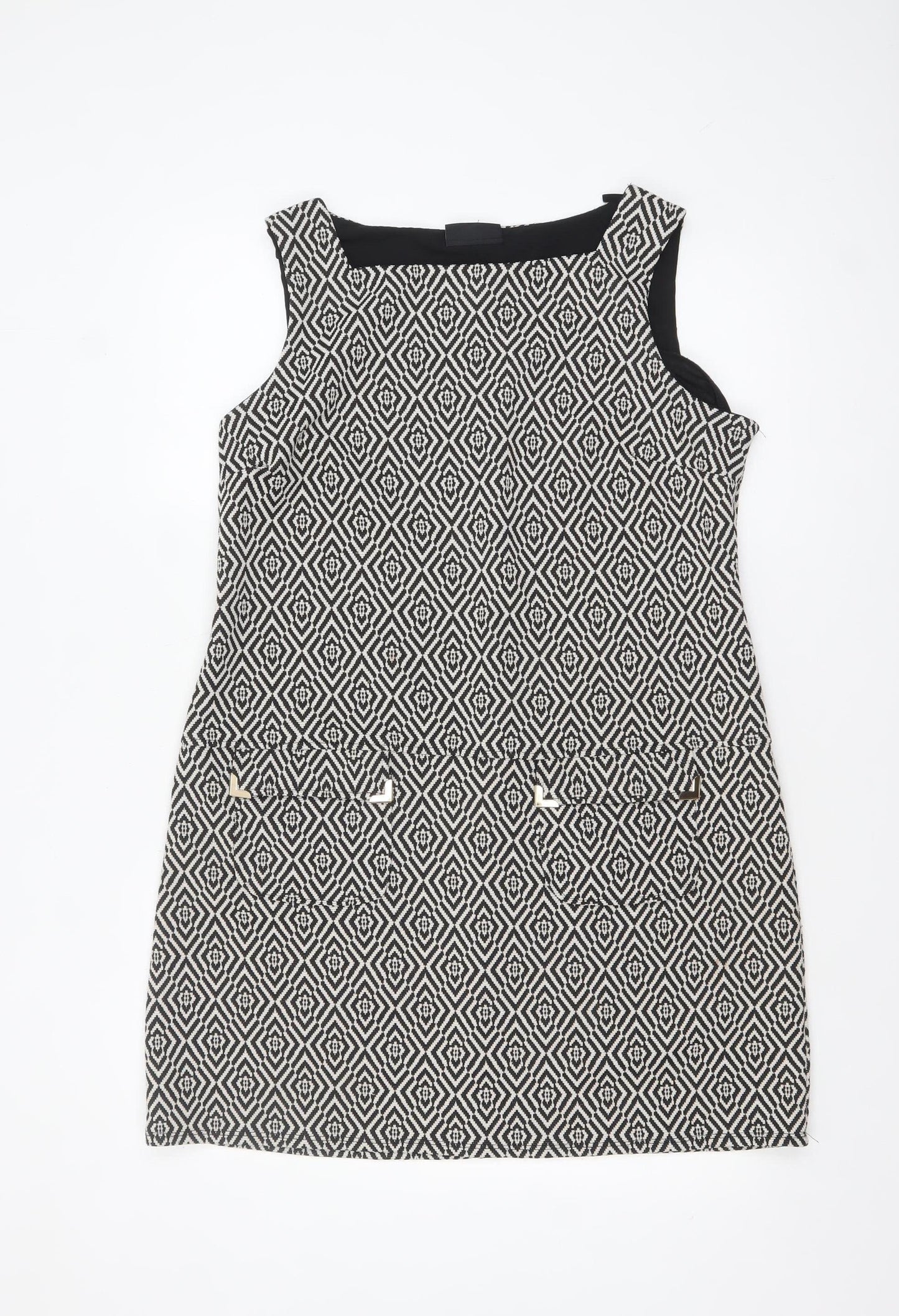Wallis Women Black Geometric Sleeveless Shift Dress Size 14