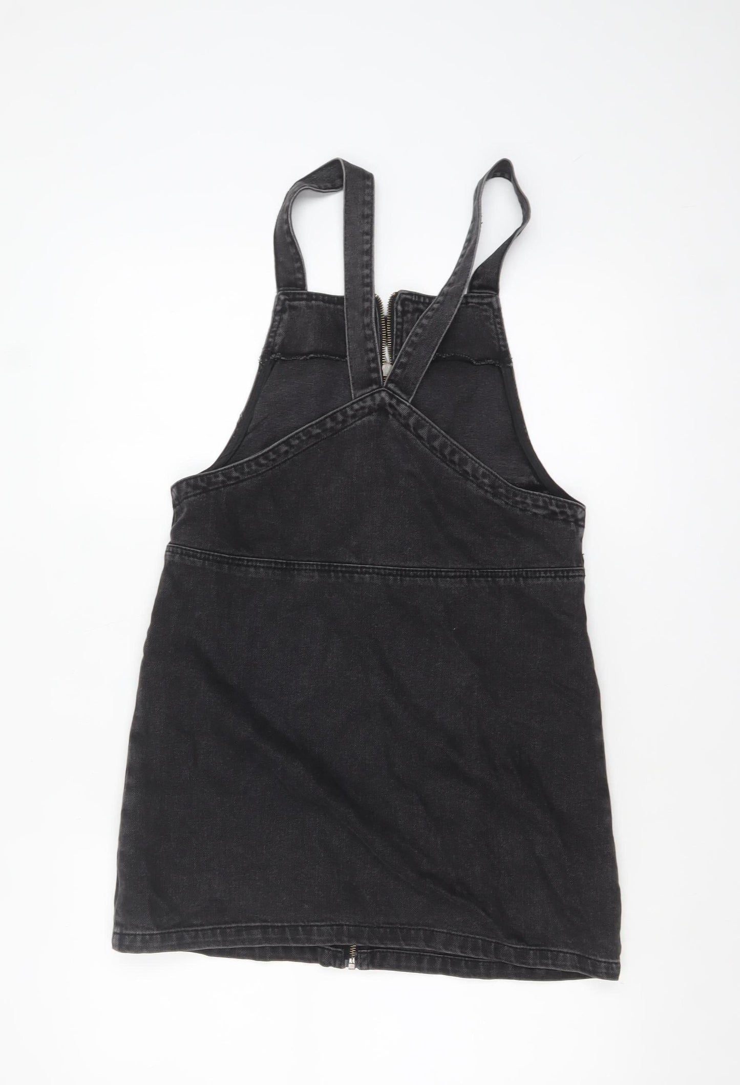Topshop Women’s Black Denim Pinafore Dress Size 8 Zip Front Casual
