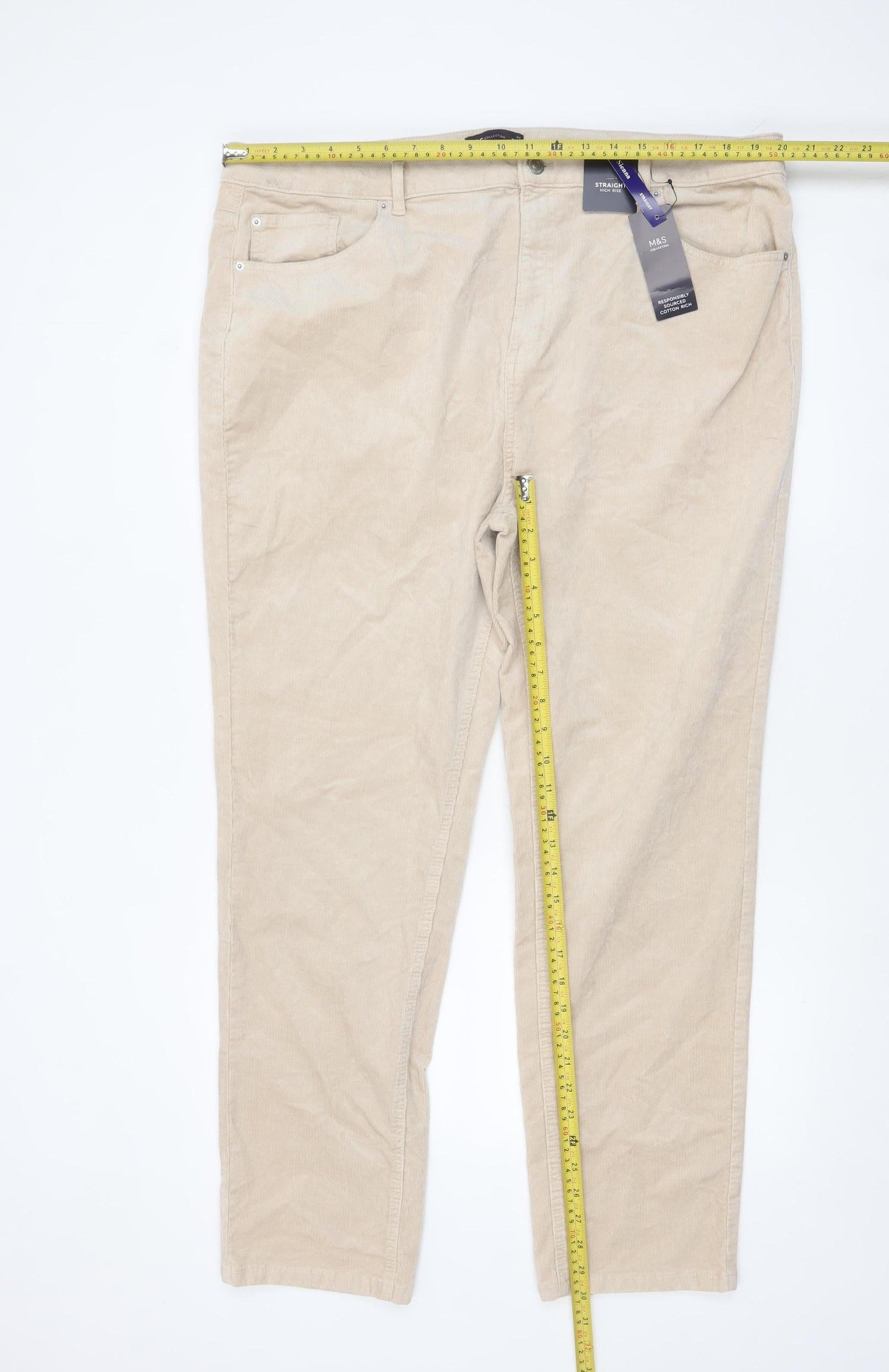 Marks and Spencer Women Beige Corduroy Straight Trousers Size 22