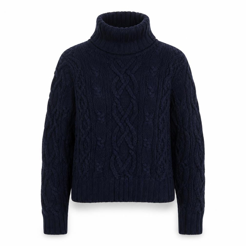 Lands' End Women's Blue Cable-Knit Roll Neck Cotton Jumper L