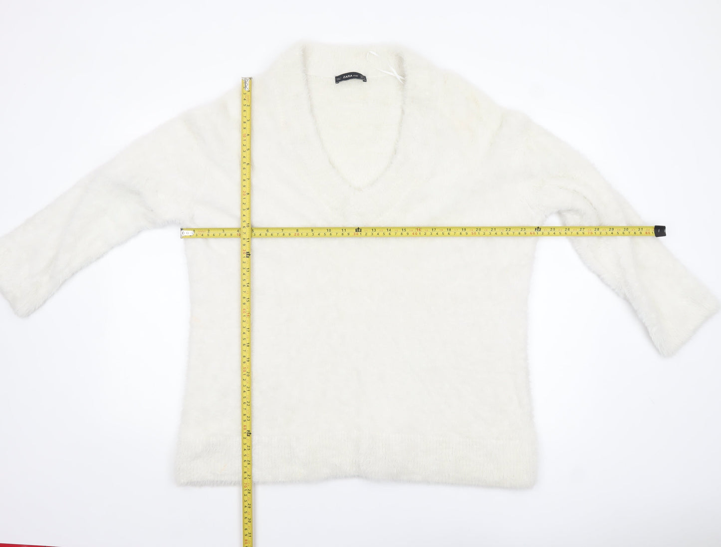 Zara Women White V-Neck Knit Pullover Jumper Size 14