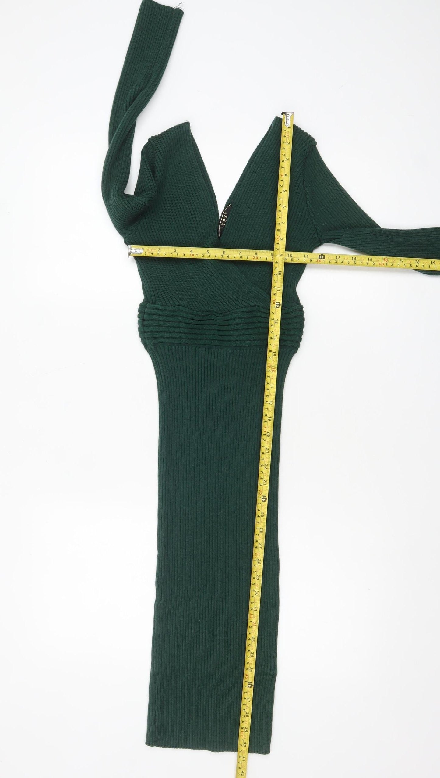 Lipsy Women Green Knit Bodycon Midi Dress Size 10 V-Neck