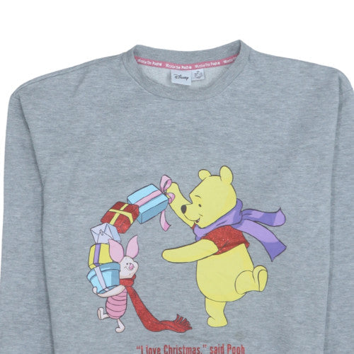 Disney Women Grey Christmas Pooh Pullover Sweatshirt XS