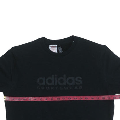 Close-up detail of Adidas boys’ black sportswear sweatshirt, size 14-15, years crew neck pullover