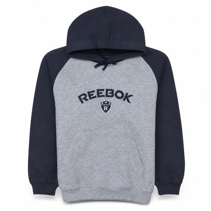 Front view of Reebok boys’ grey & navy pullover hoodie 12 years regular fit sweatshirt
