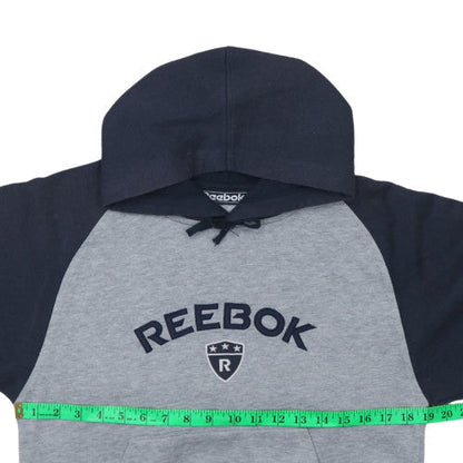 Back view of Reebok boys’ grey & navy pullover hoodie 12 years regular fit sweatshirt