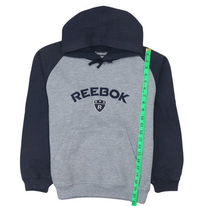 Close-up detail of Reebok boys’ grey & navy pullover hoodie 12 years regular fit sweatshirt