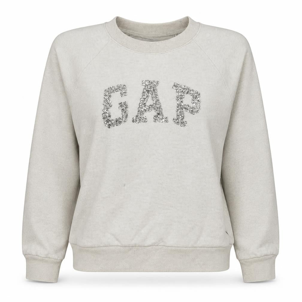 GAP Women Beige Sequin Logo Pullover Sweatshirt M