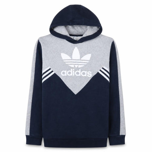 adidas Boys Blue Grey Pullover Hoodie 15-16 Years Colourblock Logo Fleece