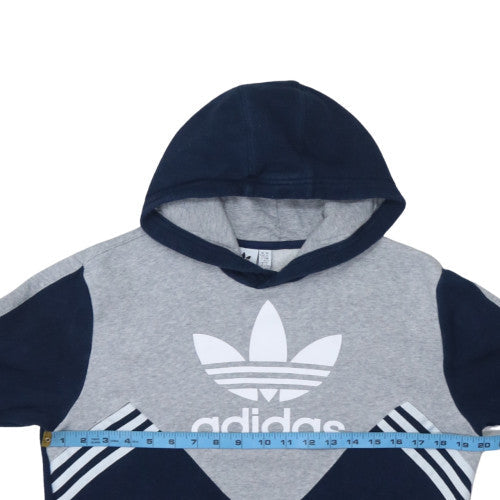 adidas Boys Blue Grey Pullover Hoodie 15-16 Years Colourblock Logo Fleece