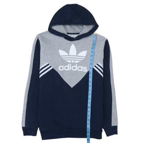 adidas Boys Blue Grey Pullover Hoodie 15-16 Years Colourblock Logo Fleece