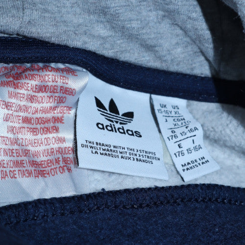adidas Boys Blue Grey Pullover Hoodie 15-16 Years Colourblock Logo Fleece