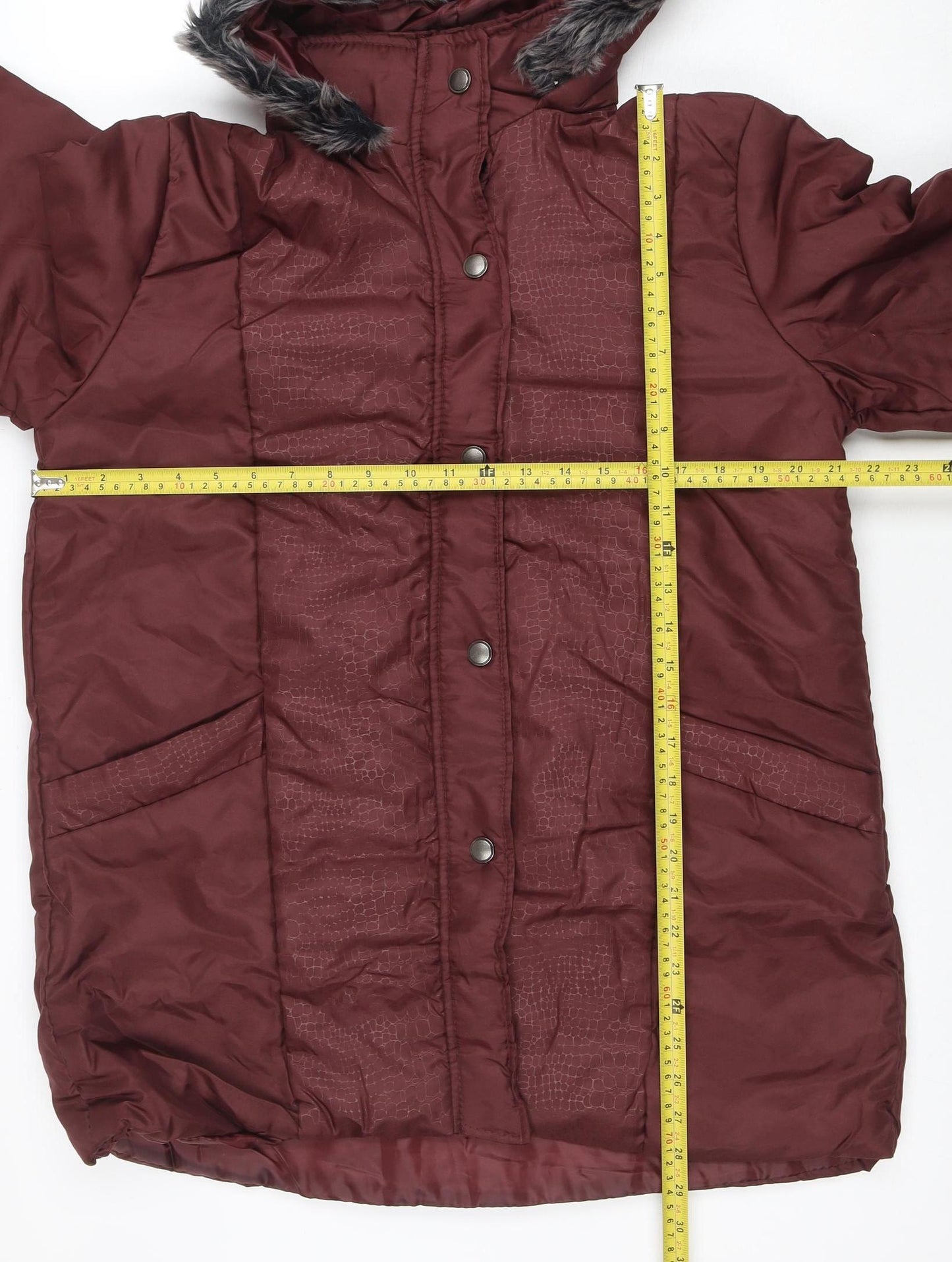 Anne de Lançay Women's Red Hooded Puffer Jacket M Faux Fur Trim