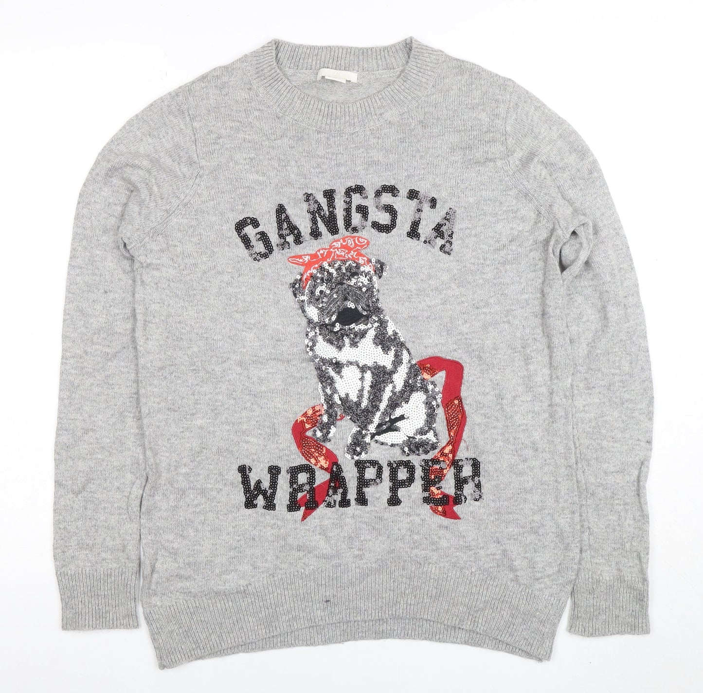 H&M Women’s Grey Sequin Dog Jumper Small Funny Christmas Sweater