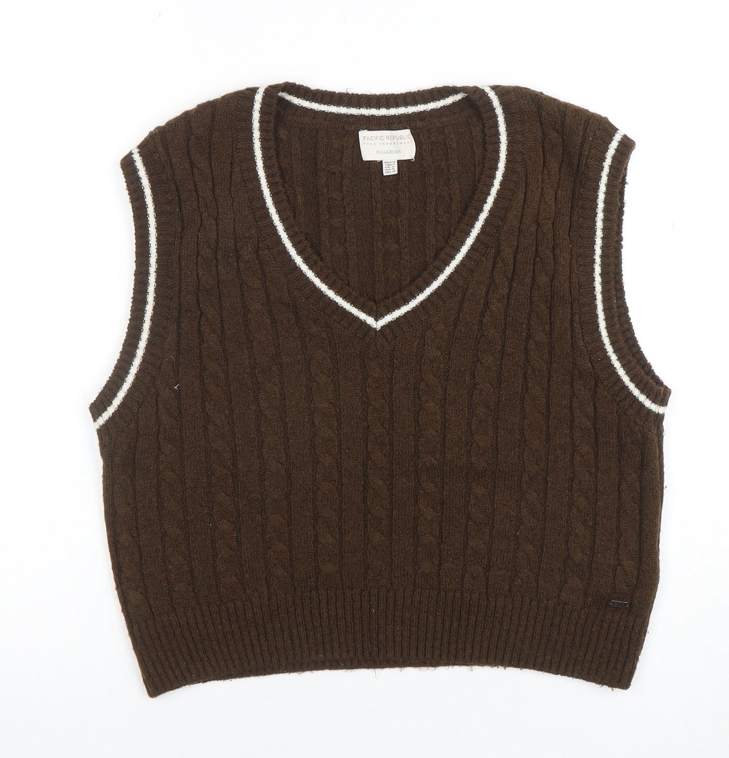 Pull&Bear Teen Brown Cable-Knit V-Neck Sleeveless Vest M