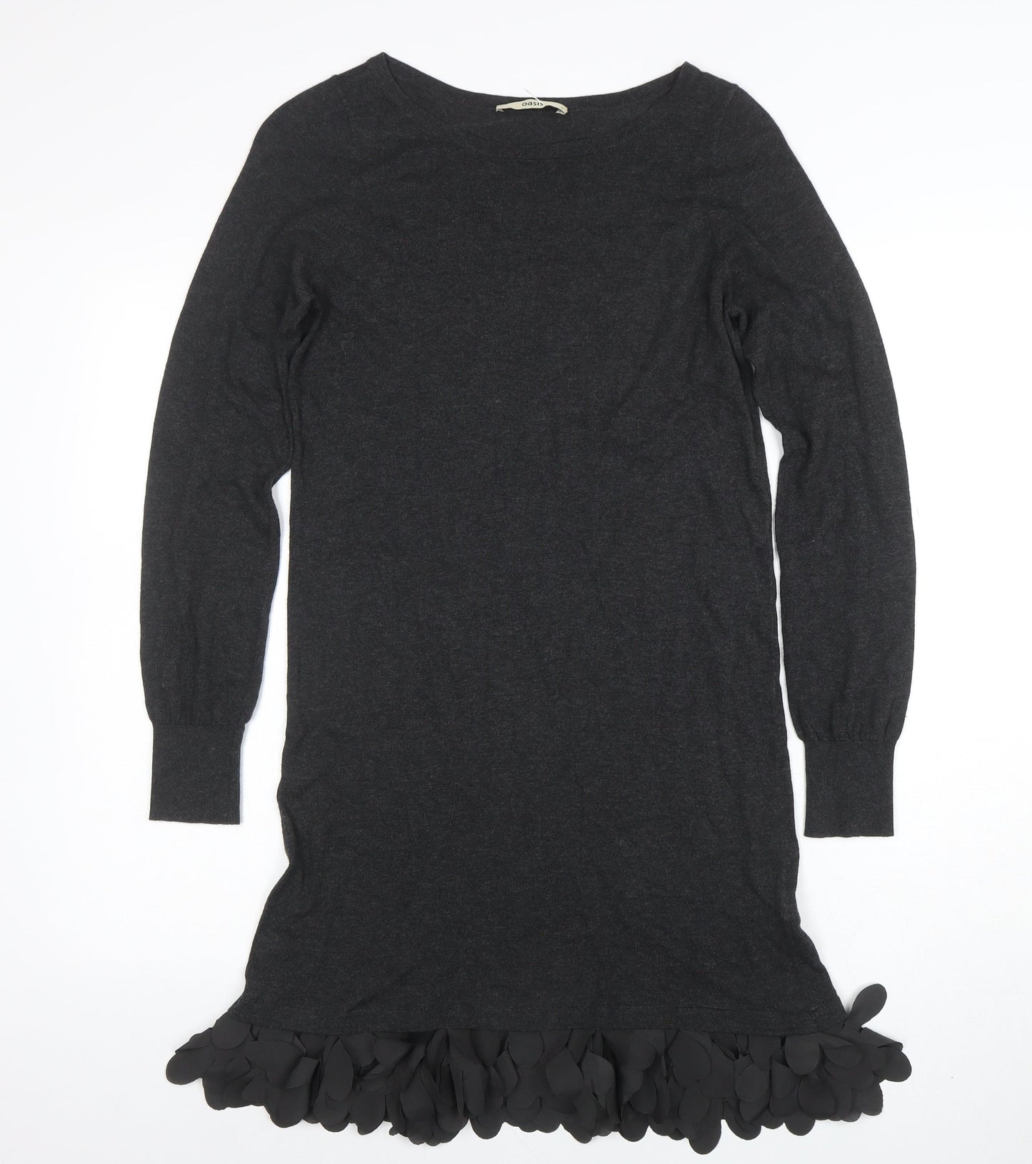 Oasis Women Black Knit Shift Dress Size S Long Sleeve Ruffle Hem