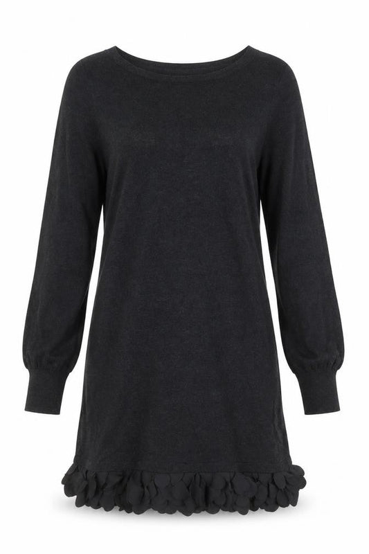 Oasis Women Black Knit Shift Dress Size S Long Sleeve Ruffle Hem