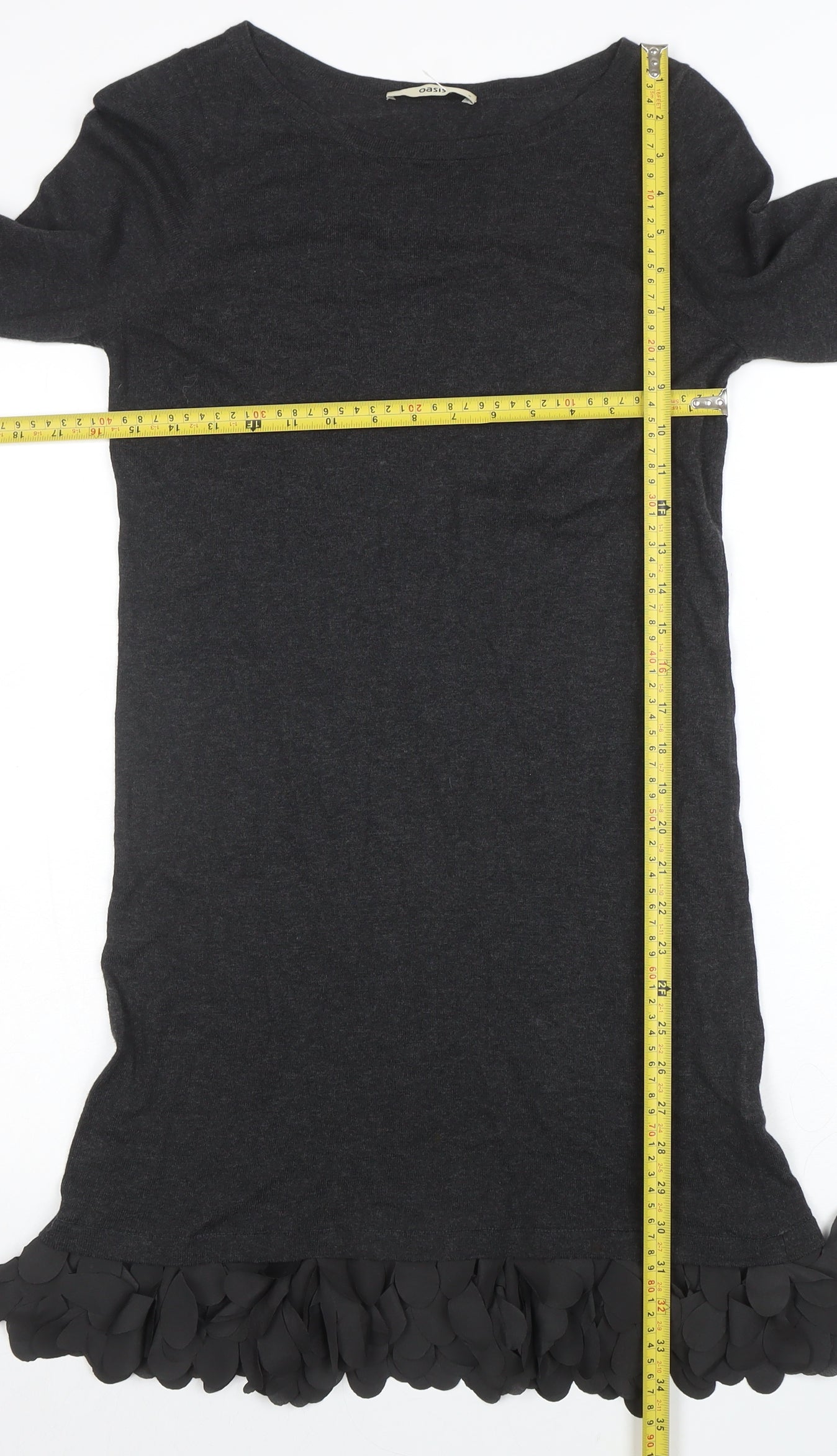 Oasis Women Black Knit Shift Dress Size S Long Sleeve Ruffle Hem