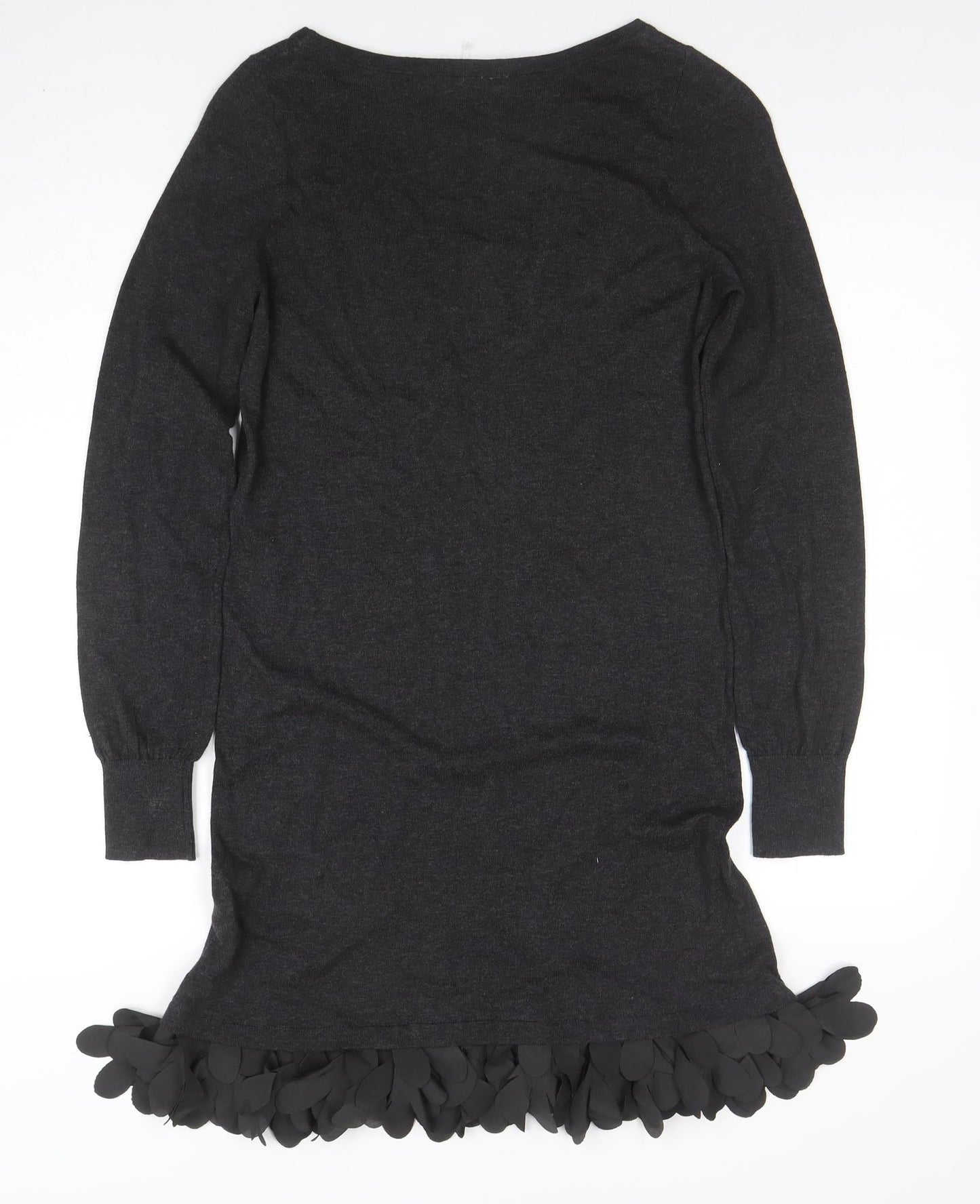Oasis Women Black Knit Shift Dress Size S Long Sleeve Ruffle Hem