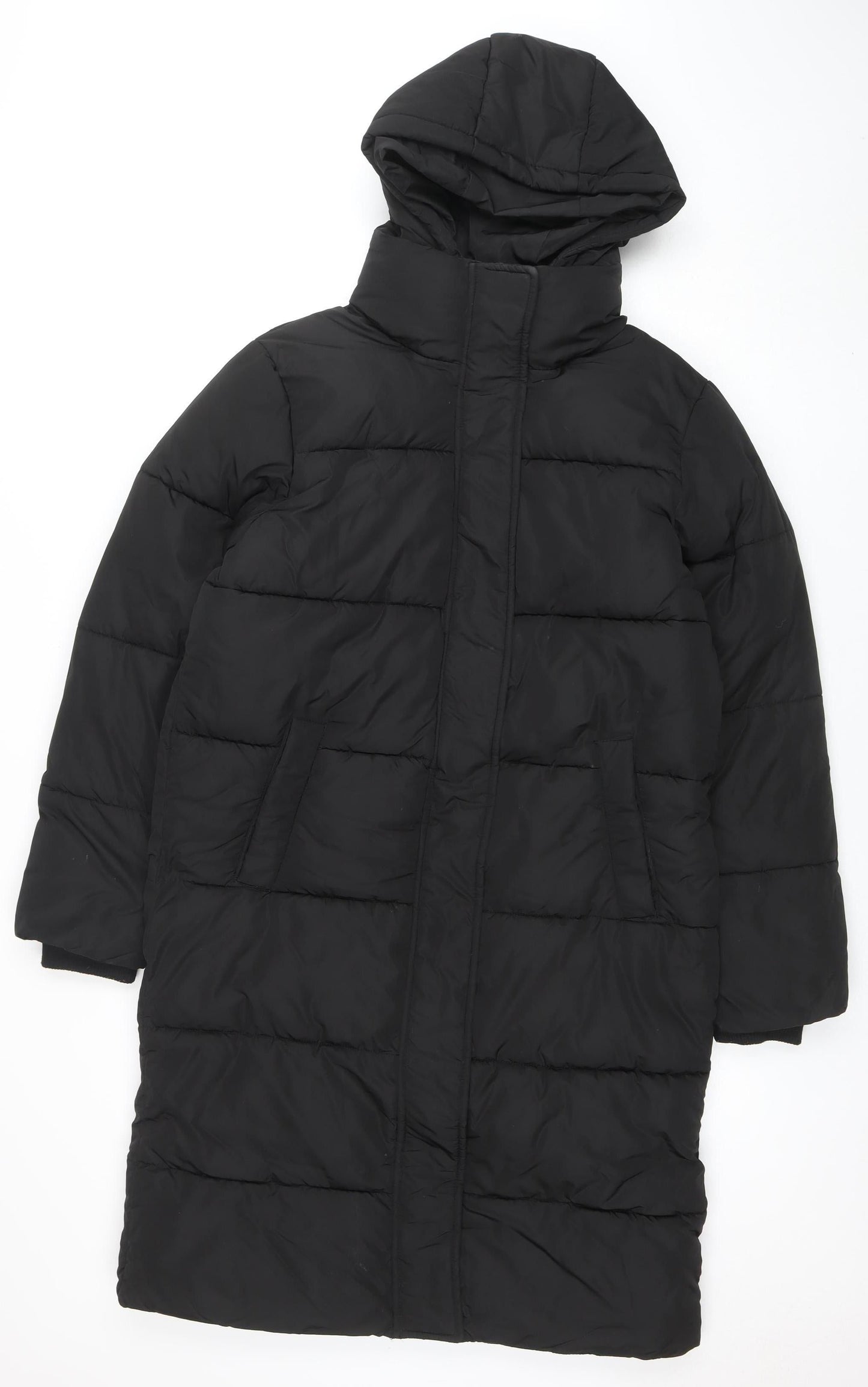 New Look Womens Black UK 10 Puffer Jacket Hooded Mid-Length Polyester Warm Winter Coat