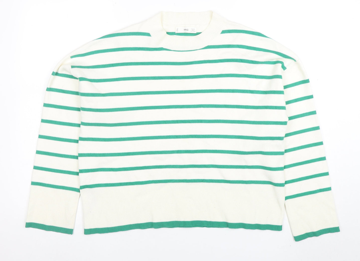 MNG Women’s White Green Striped Knit Long Sleeve Top Size L