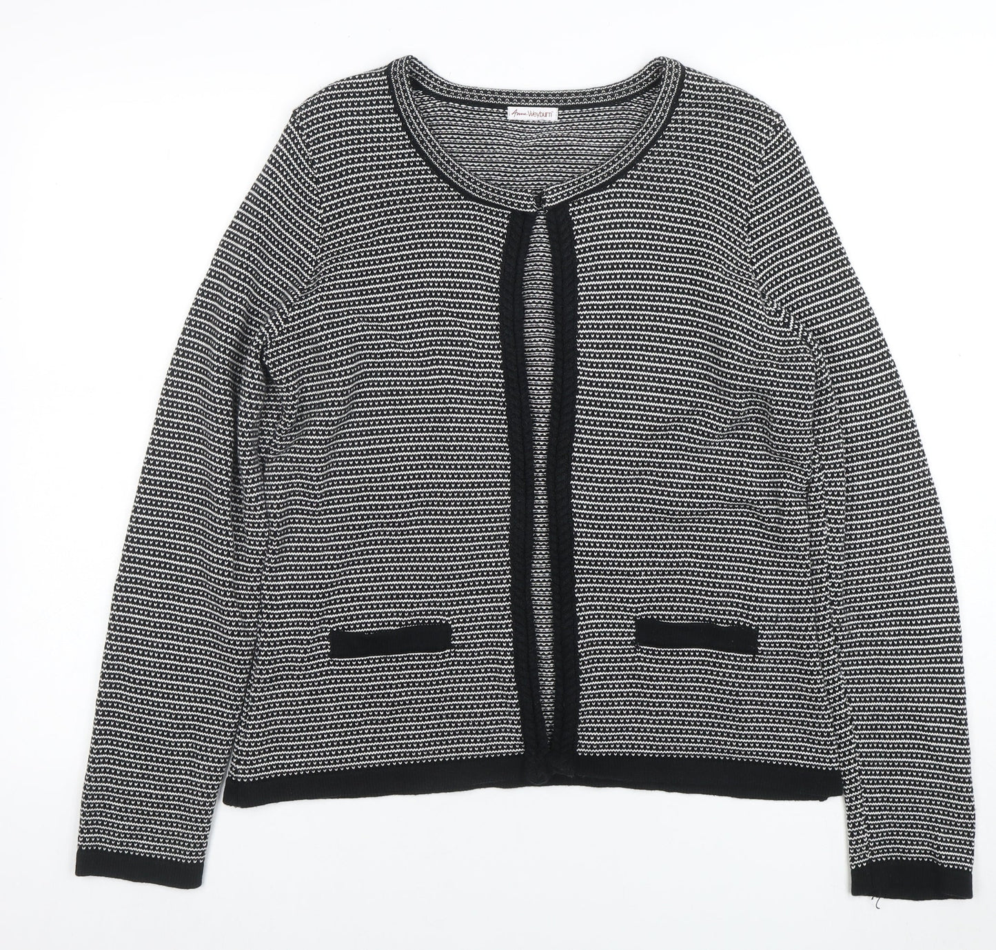 Anne Weyburn Women Black Striped Knit Cardigan Size 12 Classic Round Neck