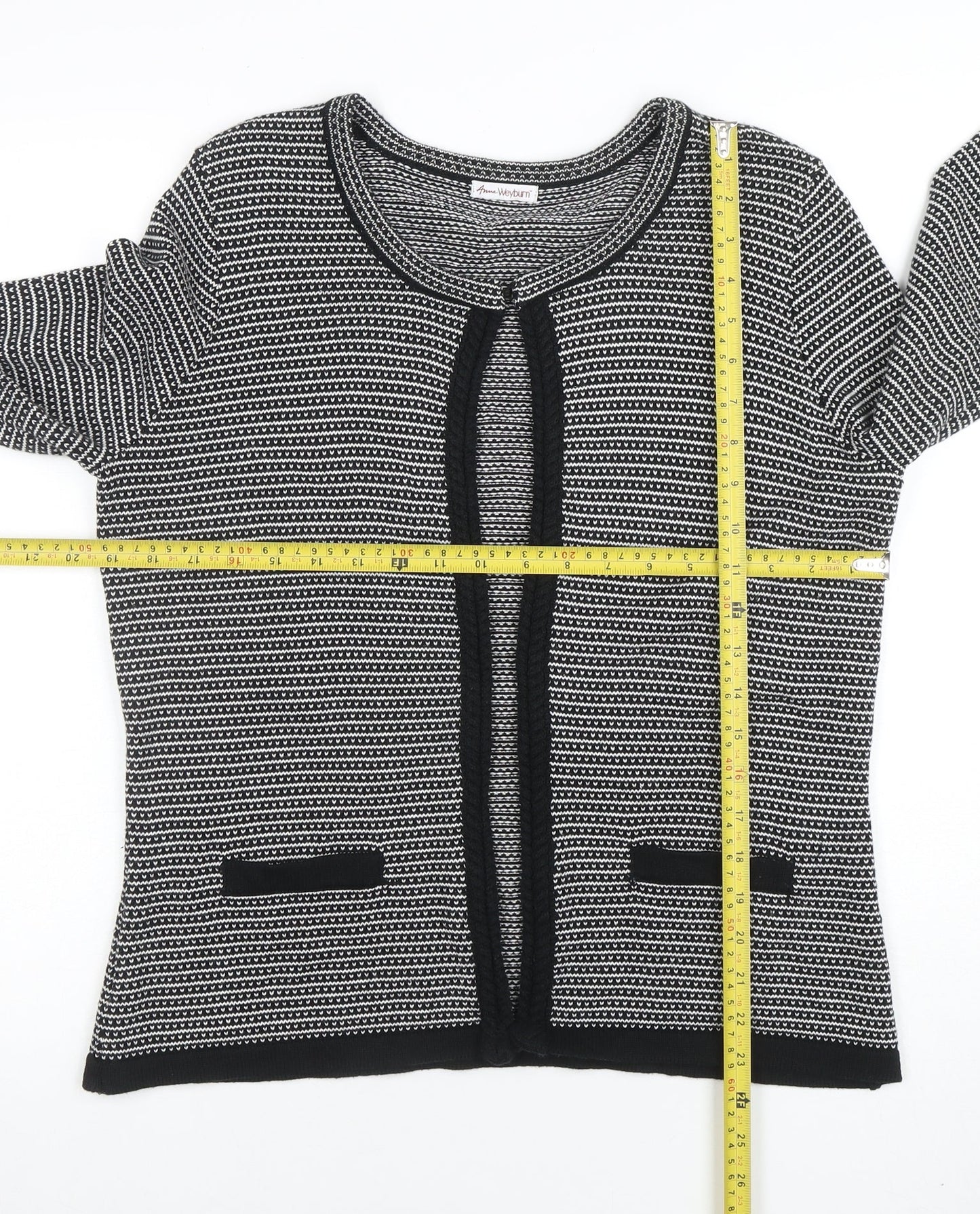 Anne Weyburn Women Black Striped Knit Cardigan Size 12 Classic Round Neck